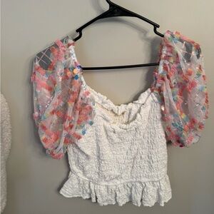 White Textured Top with Colorful Sleeves